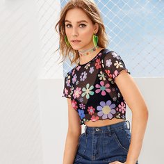 Сетчатая Футболка С Цветочным Принтом Без Бюстгальтера Shein