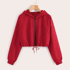 Однотонный короткий свитшот с капюшоном на молнии Shein