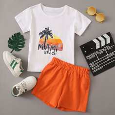 Шорты и футболка с текстовым, тропическим принтом для мальчиков Shein
