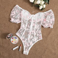 Сетчатое боди с цветочной вышивкой Shein