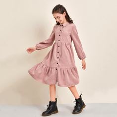 Вельветовое платье-рубашка с рукавом фонариком для девочек Shein