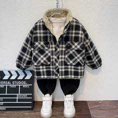 Куртка с подкладкой из шерпы в клетку для мальчиков Shein