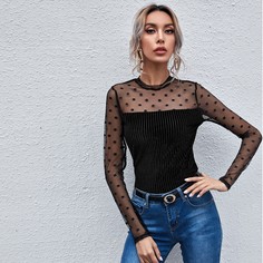 Бархатная футболка с сетчатой вставкой в горошек Shein