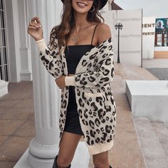 с карманами Леопард Повседневный Кардиганы Shein