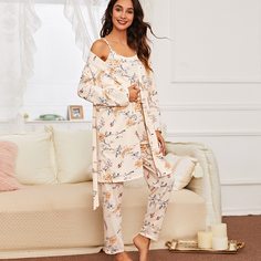 с поясом Цветочный принт Элегантный Пижама Shein