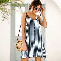 Платье на бретельках в полоску с пуговицами Shein