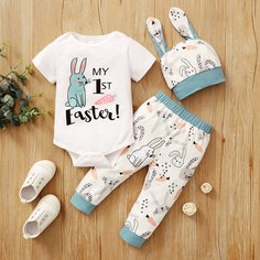 Боди с принтом "пасха", брюки и шапка для девочек Shein