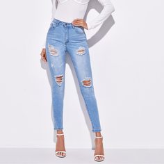 Рваные джинсы скинни с высокой эластичностью Shein