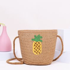 Соломенная сумка-ведро с вышивкой ананаса для девочек Shein