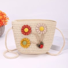 Соломенная сумка-ведро с цветочной аппликацией для девочек Shein