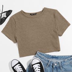 Вязаная однотонная футболка Shein