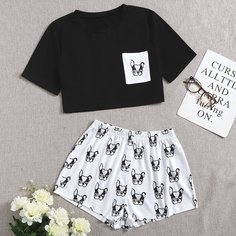 с карманами Мультяшный принт милый Пижама Shein