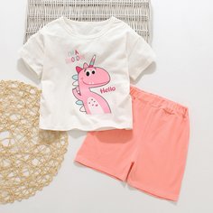 Шорты и футболка с текстовым, мультипликационным принтом для девочек Shein