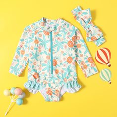 Повязка на голову и слитный купальник с текстовым принтом для девочек Shein