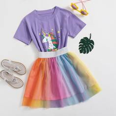 Сетчатая юбка и футболка с текстовым, мультипликационным принтом для девочек Shein