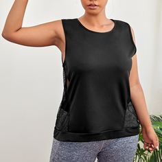 Контрастная сетка Одноцветный Спортивные топы размера плюс Shein