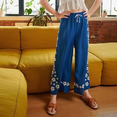Широкие брюки с цветочным принтом и узлом для девочек Shein