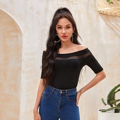 Топ с открытыми плечами и сетчатой вставкой Shein