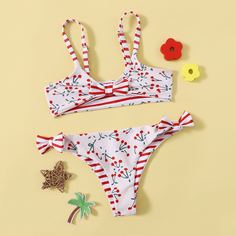 с бантом Полосатый Бохо Купальники для девочек Shein