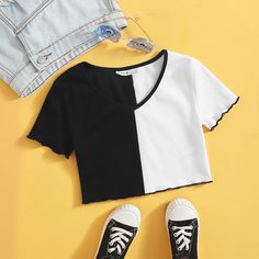 Контрастная трикотажная футболка для девочек Shein