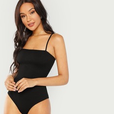 Трикотажное однотонное боди на бретелях Shein