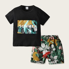 Шорты и футболка с текстовым, тропическим принтом для мальчиков Shein