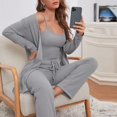 Трикотажный пижамный комплект майка, брюки и халат 3шт Shein