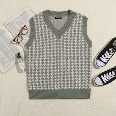 Трикотажный жилет с узором хаундстута и v-образным воротником Shein