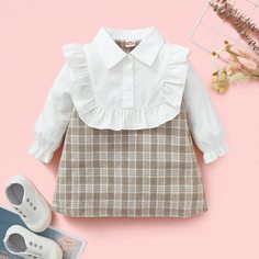 с оборками Клетка Повседневный Платья для малышей Shein