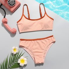 Одноцветный милый Купальники для девочек Shein