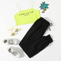 Джоггеры и короткая майка с текстовым принтом для девочек Shein