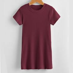 Однотонное платье-футболка с круглым воротником для девочек Shein