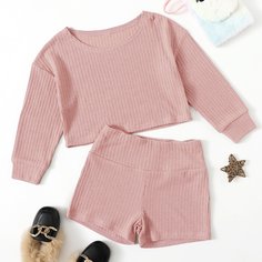 Футболка и шорты в рубчик для девочек Shein