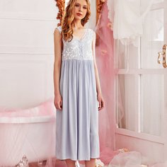 Ночная рубашка и халат с узлом, цветочной вышивкой Shein