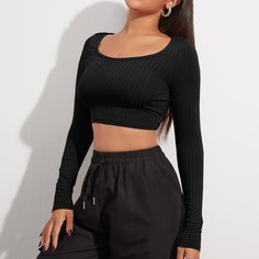 Вязаная короткая футболка в рубчик Shein