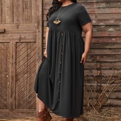 Пуговица Одноцветный Повседневный Платья размер плюс Shein