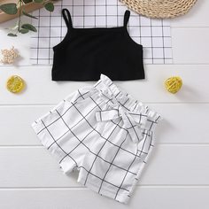 Майка и шорты в клетку с поясом для девочек Shein