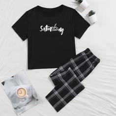 Пижама в клетку с текстовым принтом Shein