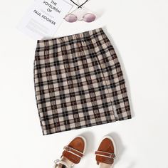 Юбка в клетку с разрезом для девочек Shein