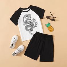 Шорты и футболка с принтом китайского дракона для мальчиков Shein