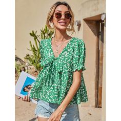 С оборками цветочный Бохо Блузы Shein