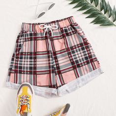 на кулиске Клетчатый Повседневный Шорты Shein