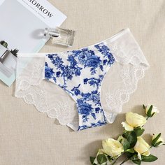 Трусики размера плюс с цветочным принтом и кружевом Shein