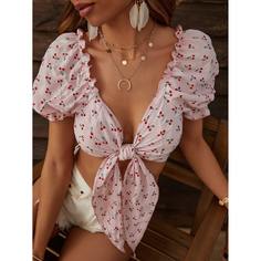 Кроп топ с узлом и принтом вишни Shein