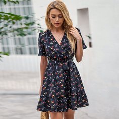 с поясом цветочный Повседневный Платье Shein