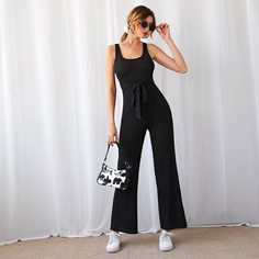 Трикотажный широкий комбинезон с поясом Shein
