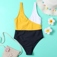 Контрастный слитный купальник для девочек Shein