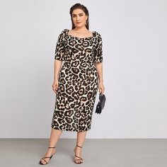 Облегающее платье размера плюс с воротником-сердечком и леопардовым принтом Shein