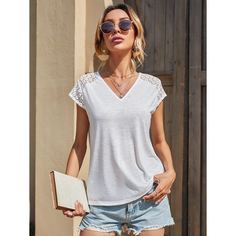 Контрастные кружева Одноцветный Элегантный Футболки Shein