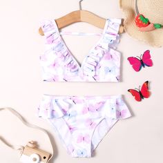 с оборками Животный милый Купальники для девочек Shein